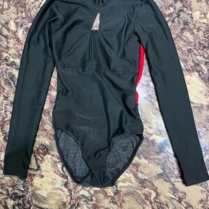 Five Dancewear Black Long Sleeve One-Piece leotard with Red accents on back